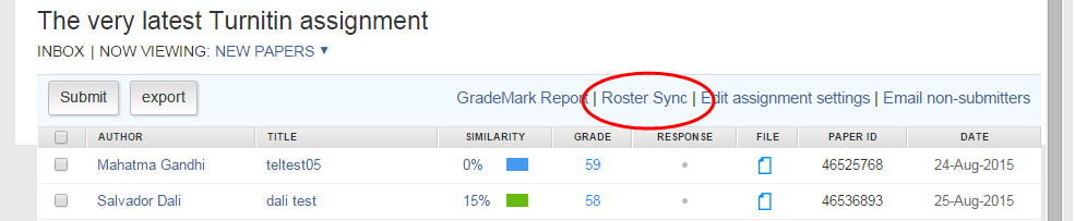 Roster Sync menu option highlighted in Turnitin