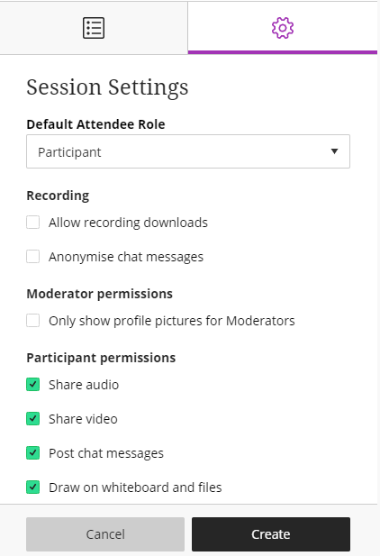 Collaborate session settings
